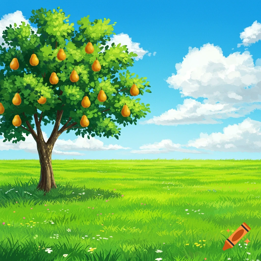 Illustration of a pear tree in a grassy field under a blue sky.