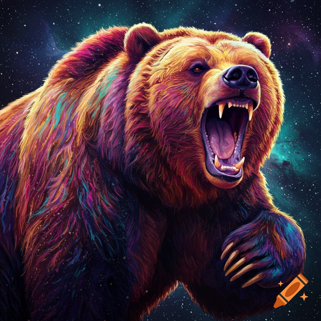 A colorful grizzly bear growling against a starry sky background.