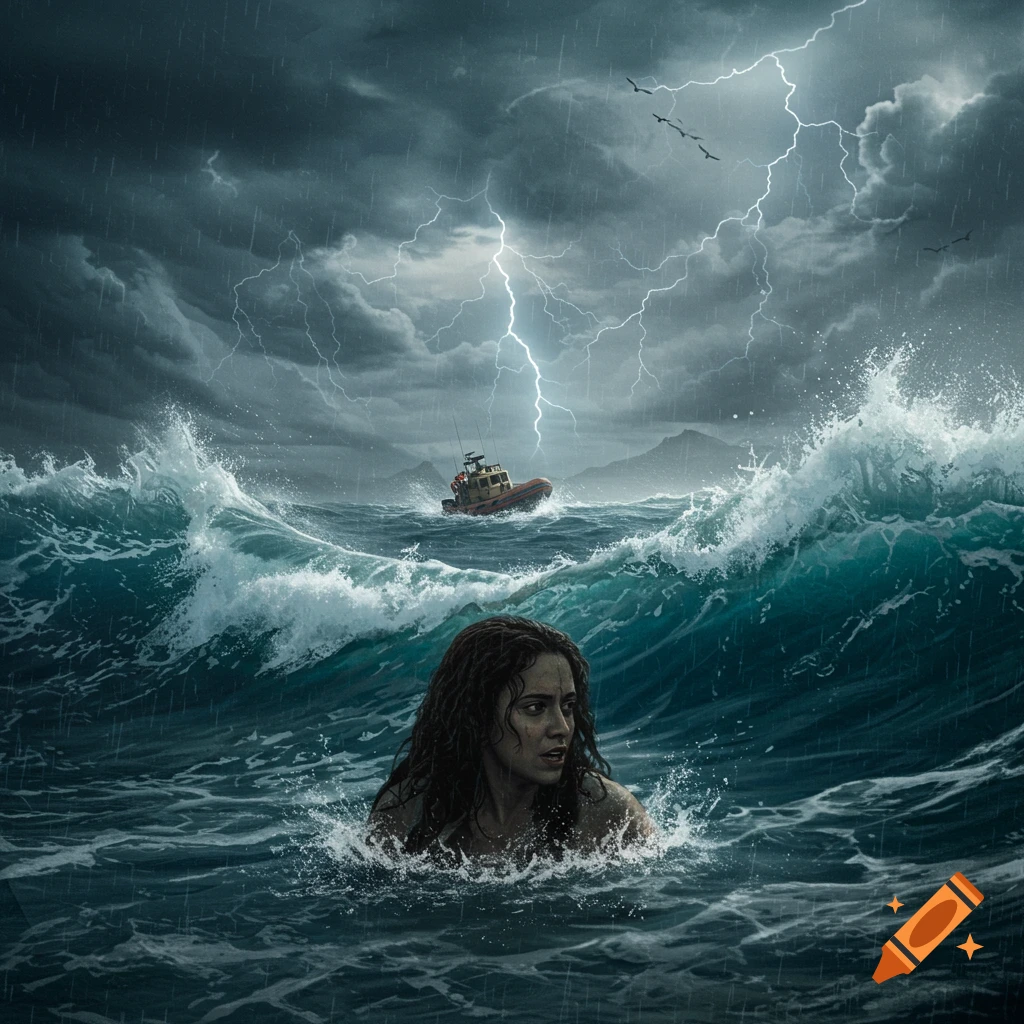 A woman struggles in rough waves during a stormy ocean rescue attempt.