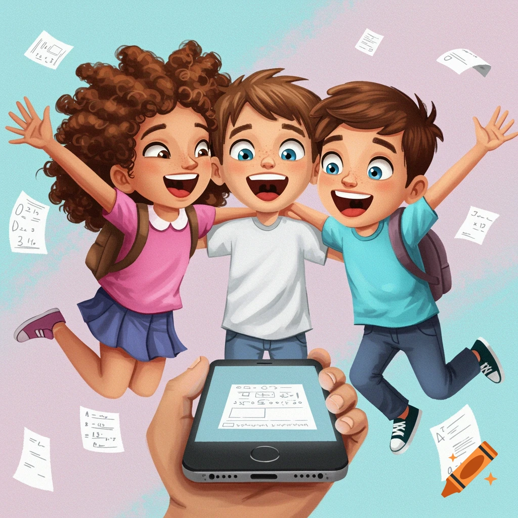 Illustration of three happy kids with backpacks looking at a phone, with papers floating around