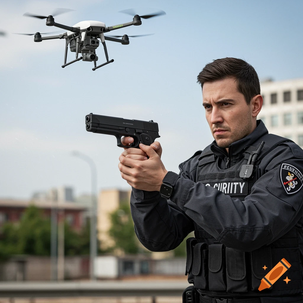 Photorealistic security guard aims a pistol at a drone in the sky.