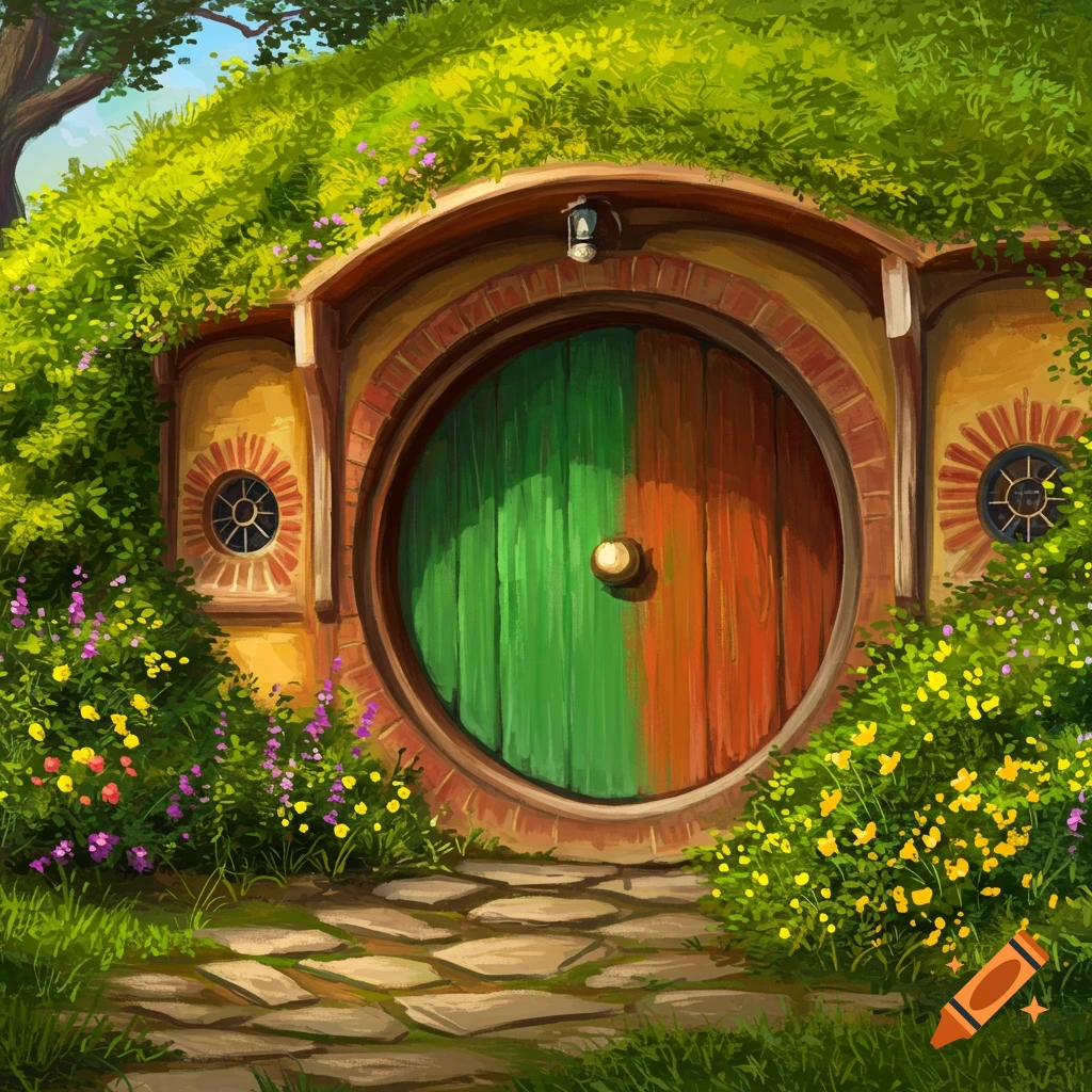 A round green and brown door in a grassy hill, surrounded by flowers and foliage, with a stone path.