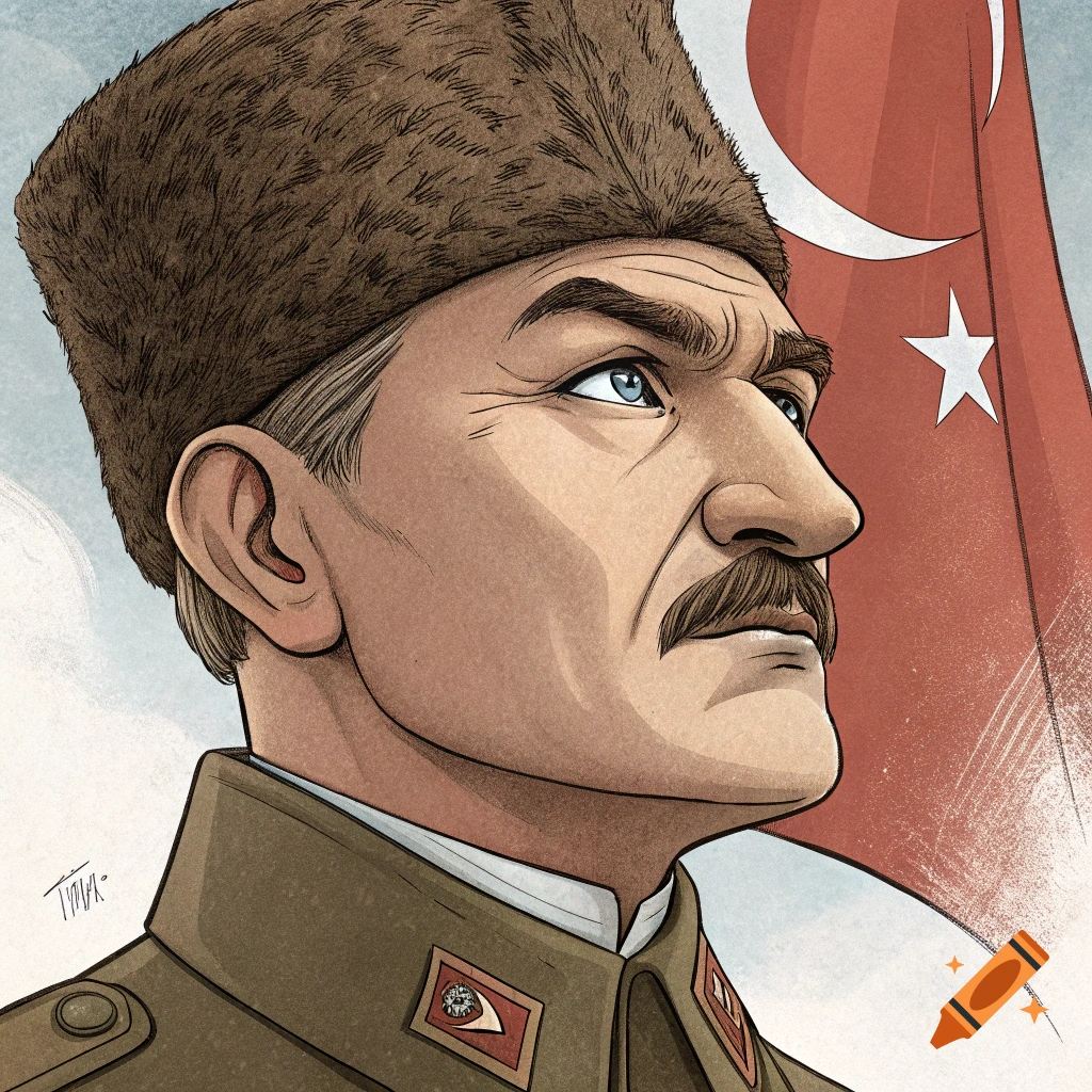 Stylized cartoon portrait of Mustafa Kemal Atat
		urk in uniform and fur hat against a Turkish flag.