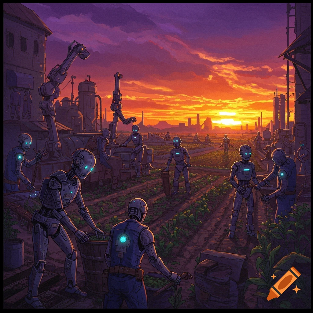 Robots work in a field at sunset with industrial buildings in the background.