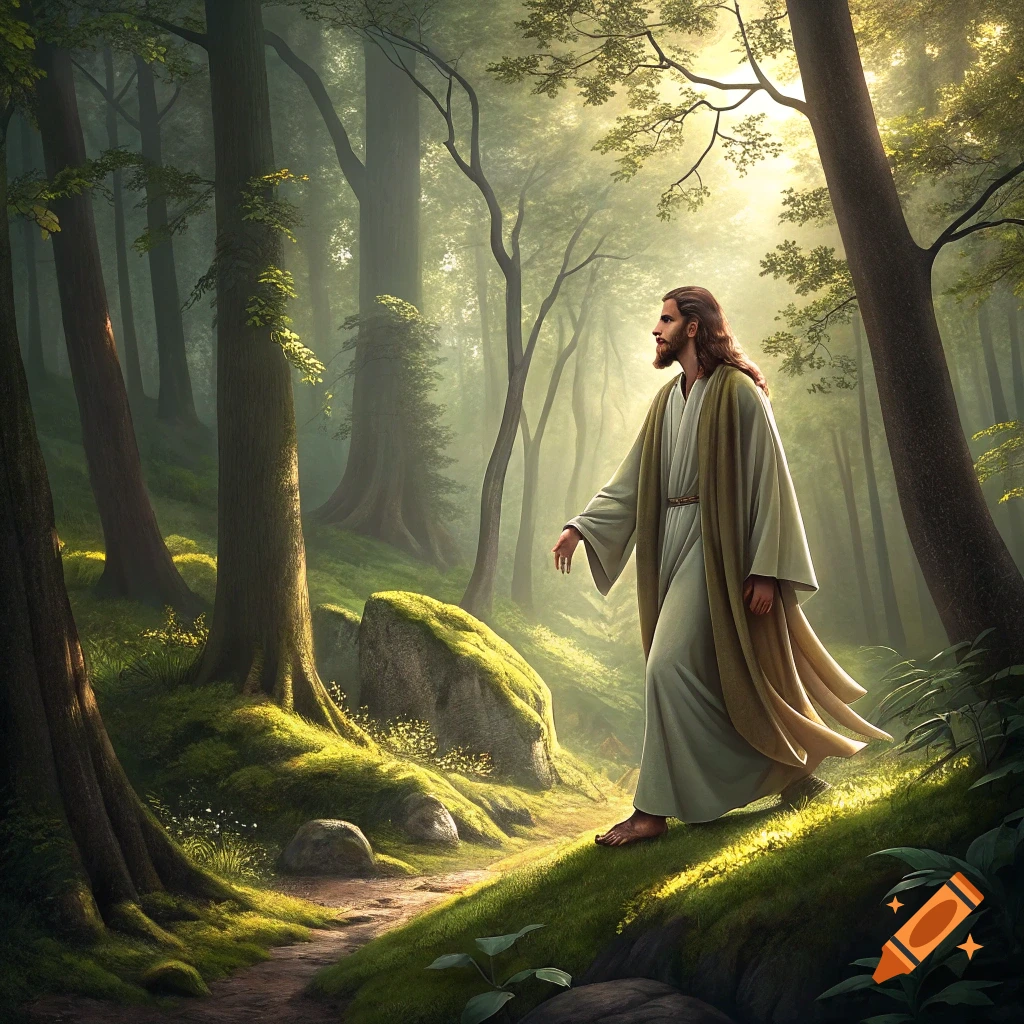 A robed figure resembling Jesus walks on a path through a sunlit forest painting.