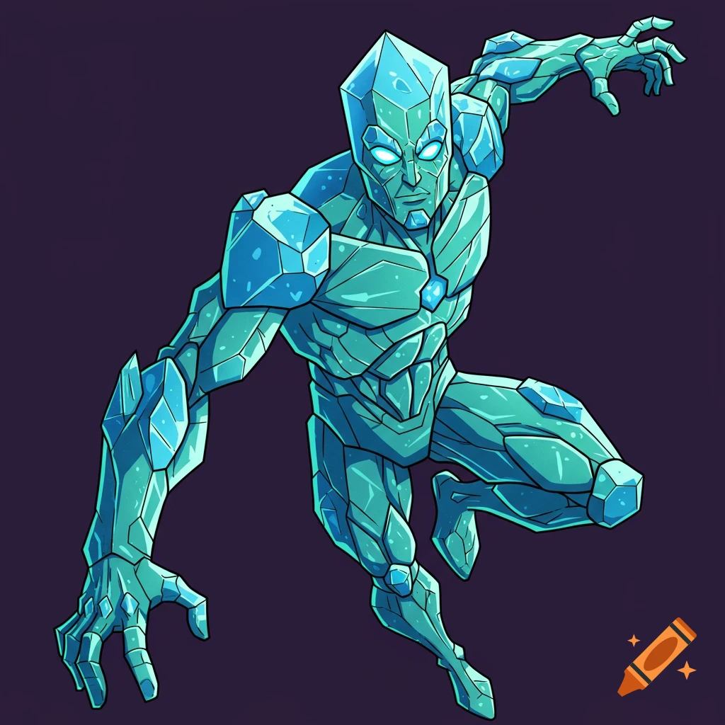 A comic book style illustration of a character made of shimmering blue crystal.