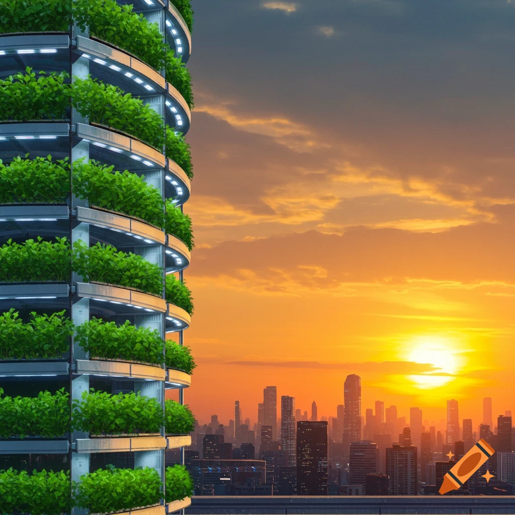 A tall building with vertical farming against a city skyline at sunset.
