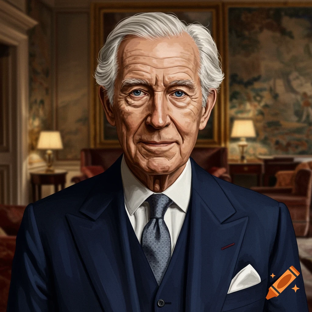 A portrait of an aged gentleman in a dark suit and tie, standing in a room.