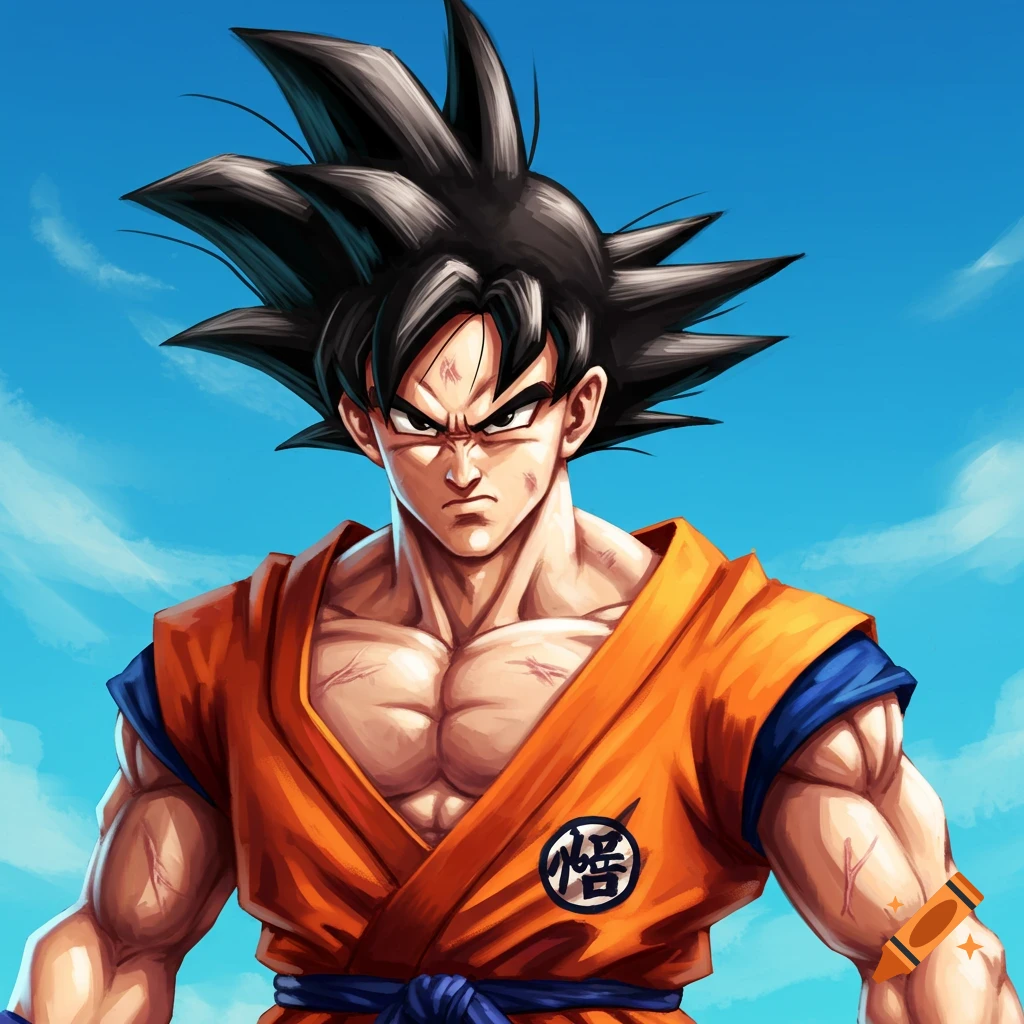 Portrait of the anime character Goku from Dragon Ball with a serious expression against a blue sky.