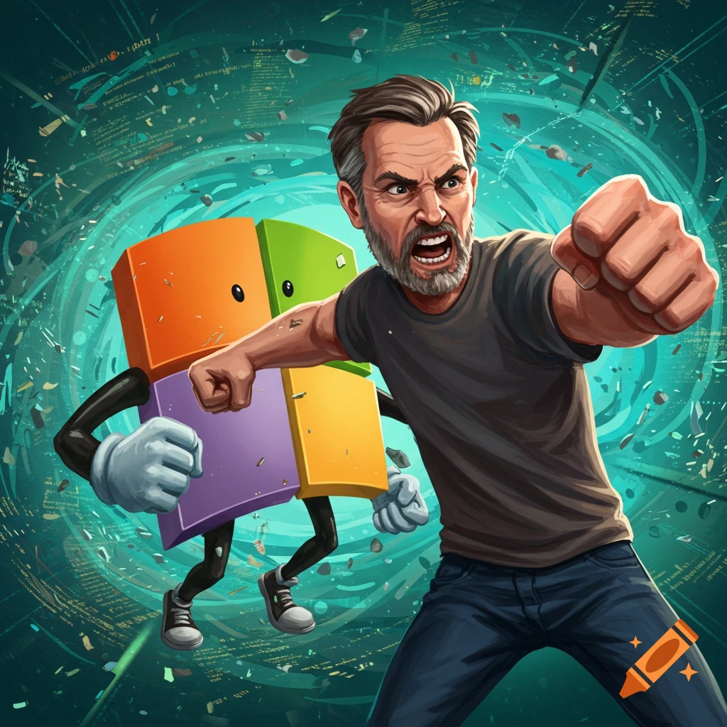 A man punches a block character with a digital background, cartoon style.