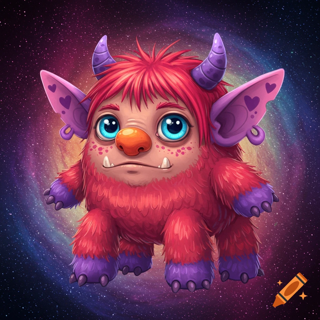 A cute, fuzzy red and purple monster with horns, big blue eyes, and heart ear spots stands against a colorful galaxy background.