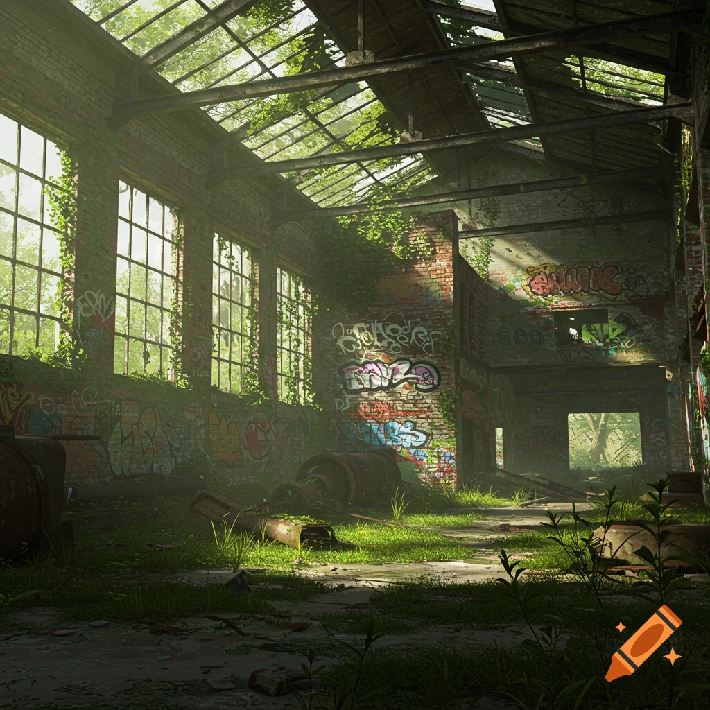 Interior of an abandoned factory overgrown with vines and graffiti, sunbeams shining through broken windows.