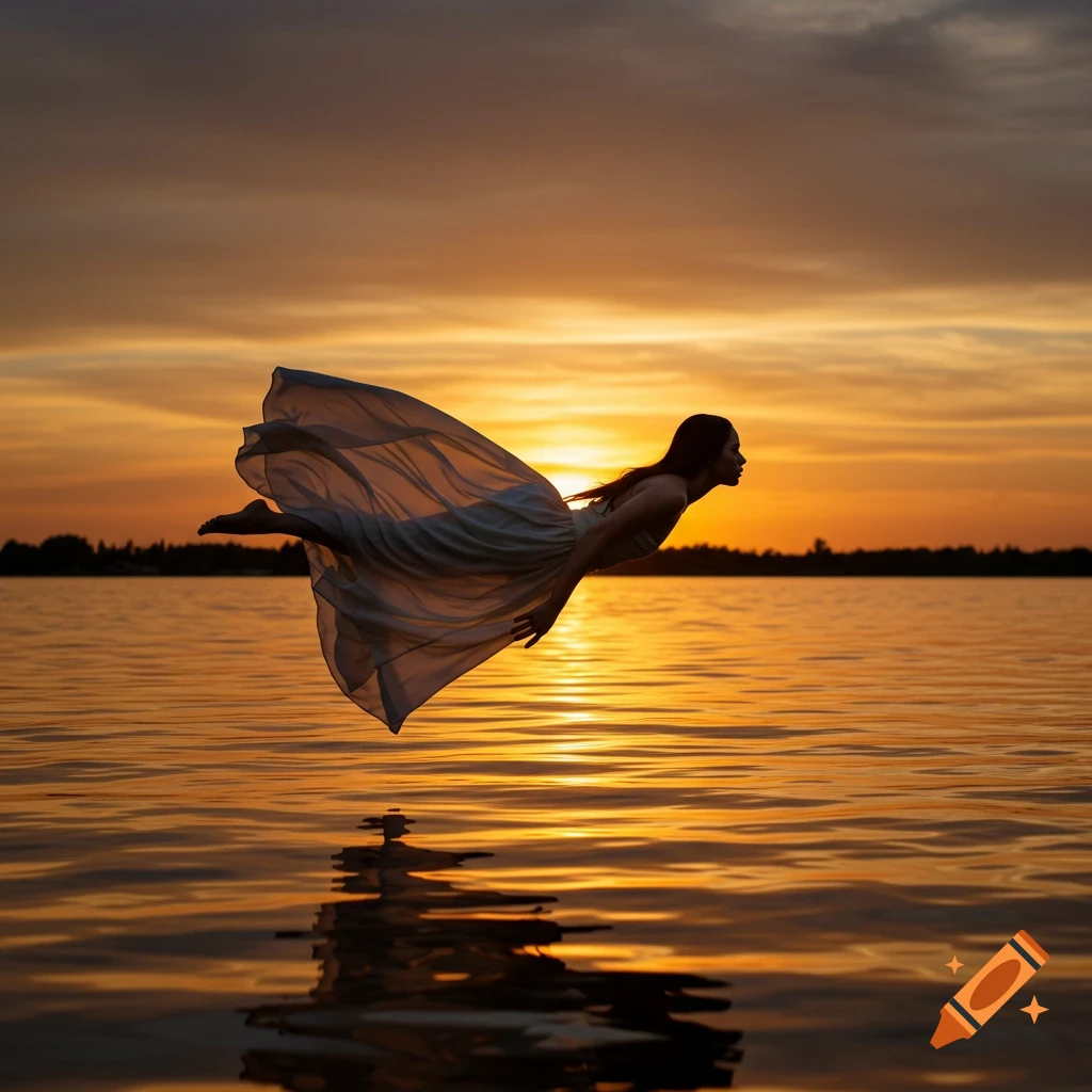 Silhouette of a person in a white dress floating above water at sunset.