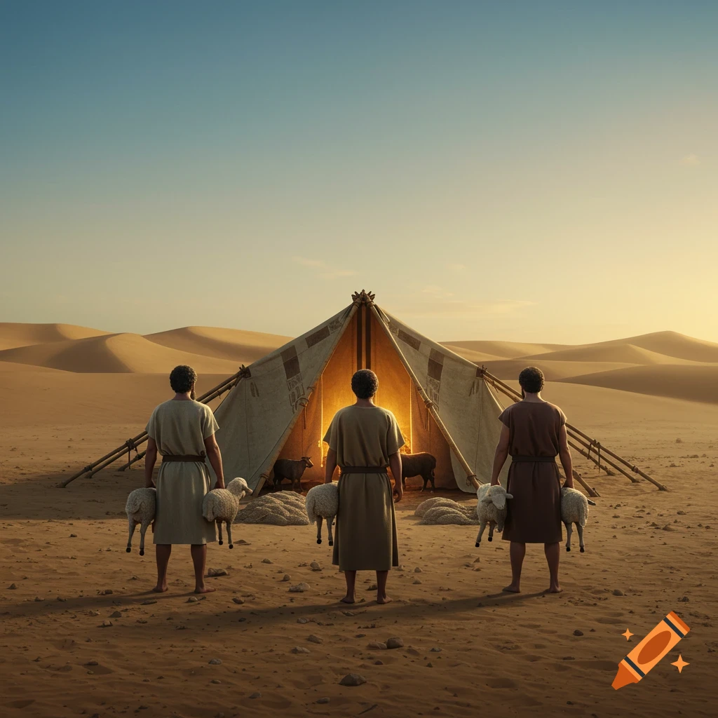 Three men in ancient robes holding sheep face a glowing tent in a desert landscape.