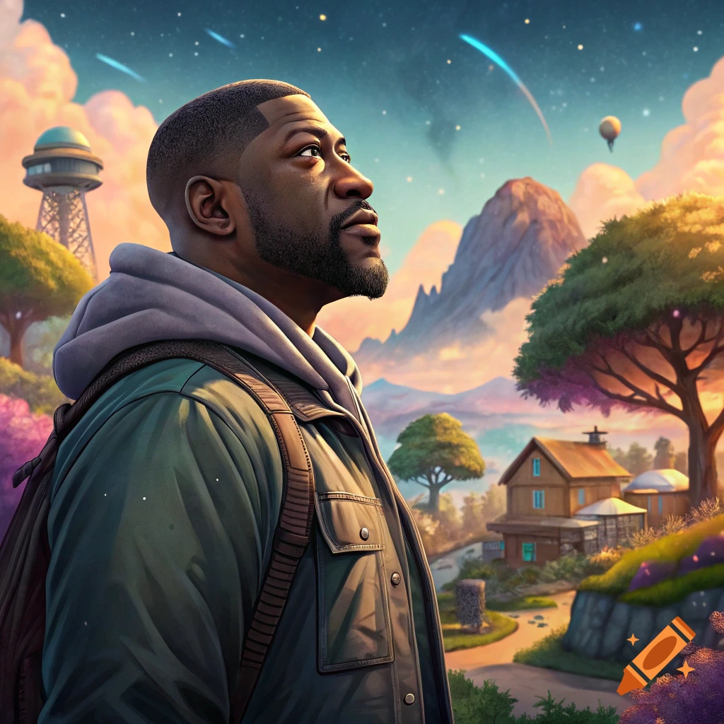 Man looks up at a fantasy landscape under a starry sky