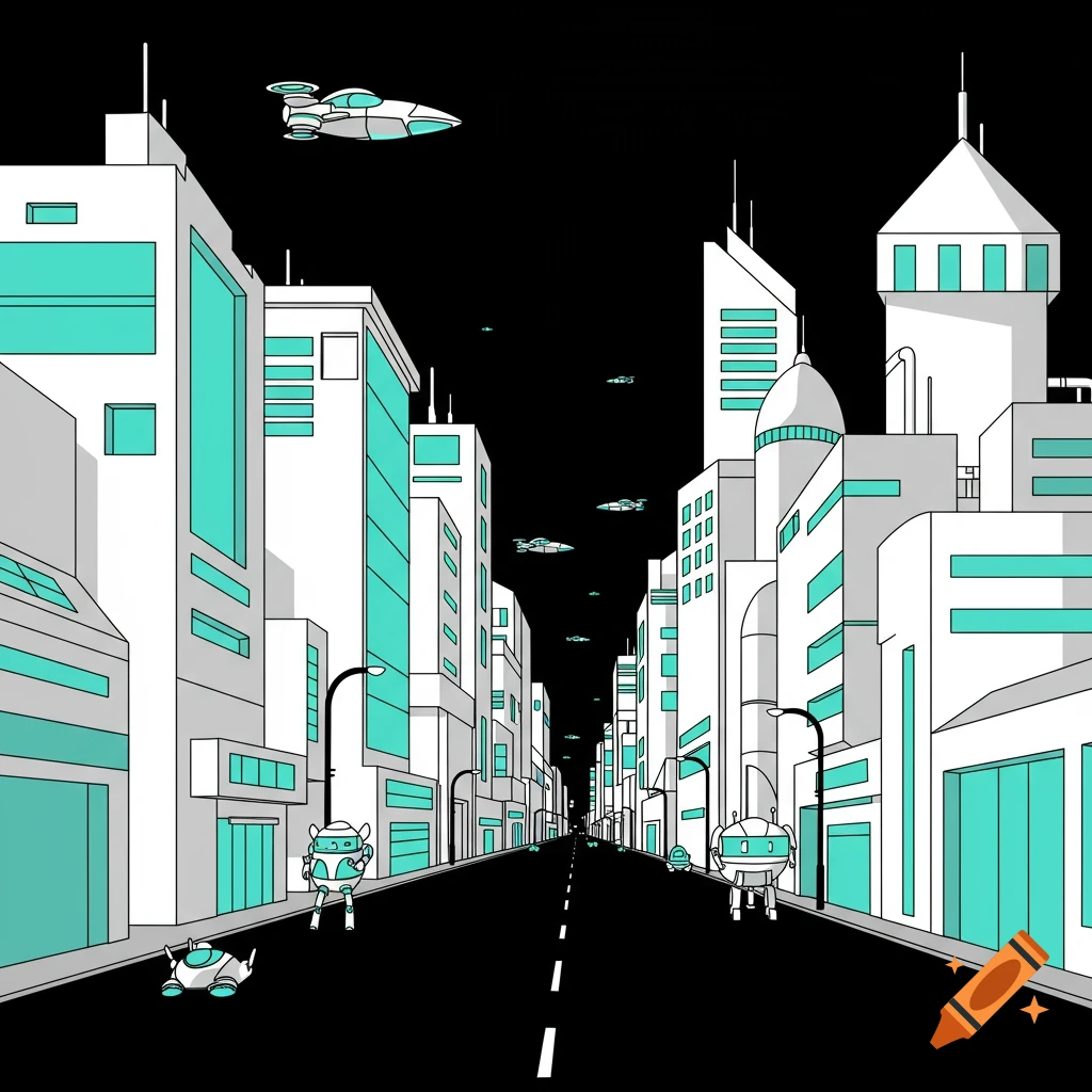A cartoon-style illustration of a futuristic cyber city street with tall white buildings, teal windows, robots, and flying vehicles.