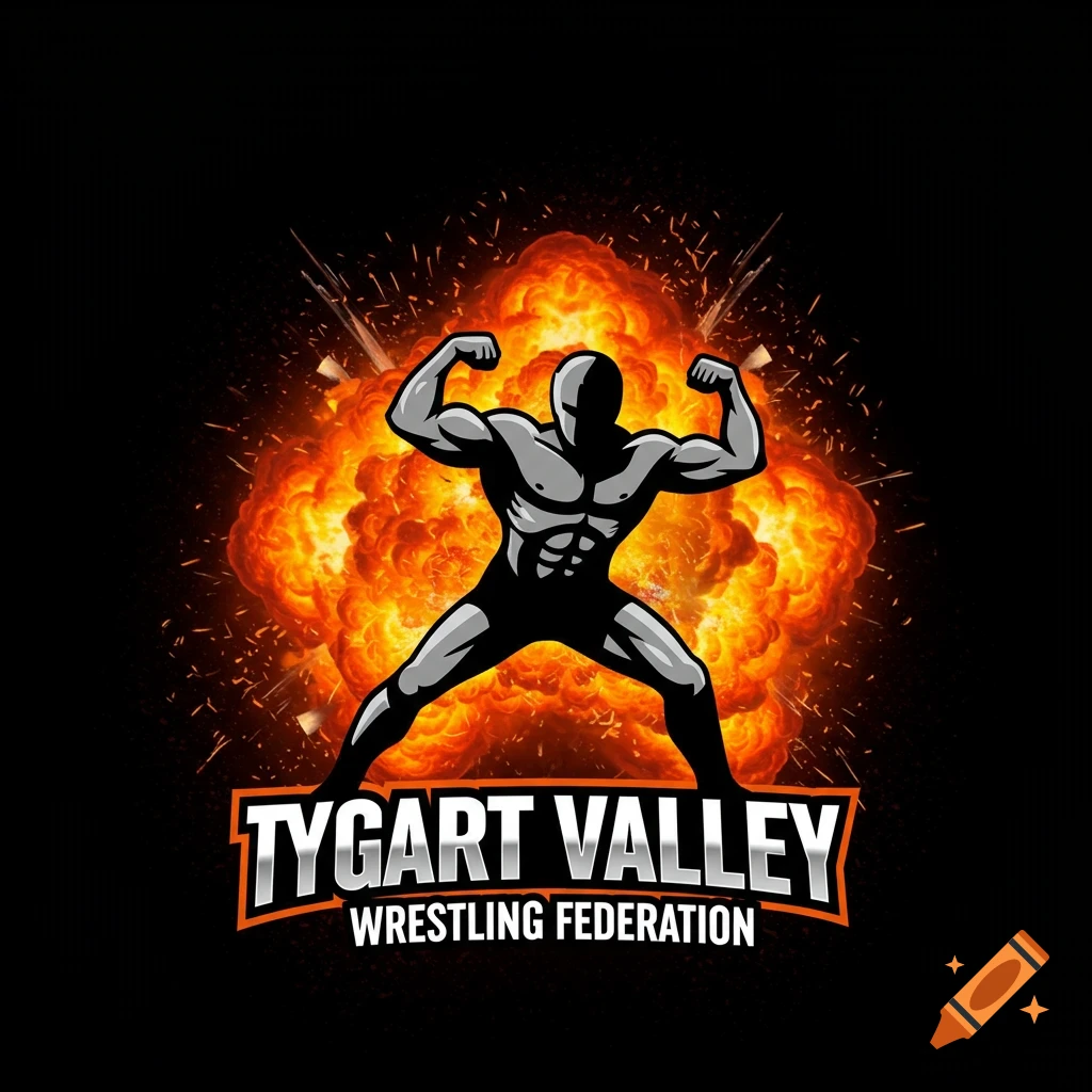 Logo of a wrestler posing in front of an explosion with the text Tygart Valley Wrestling Federation.