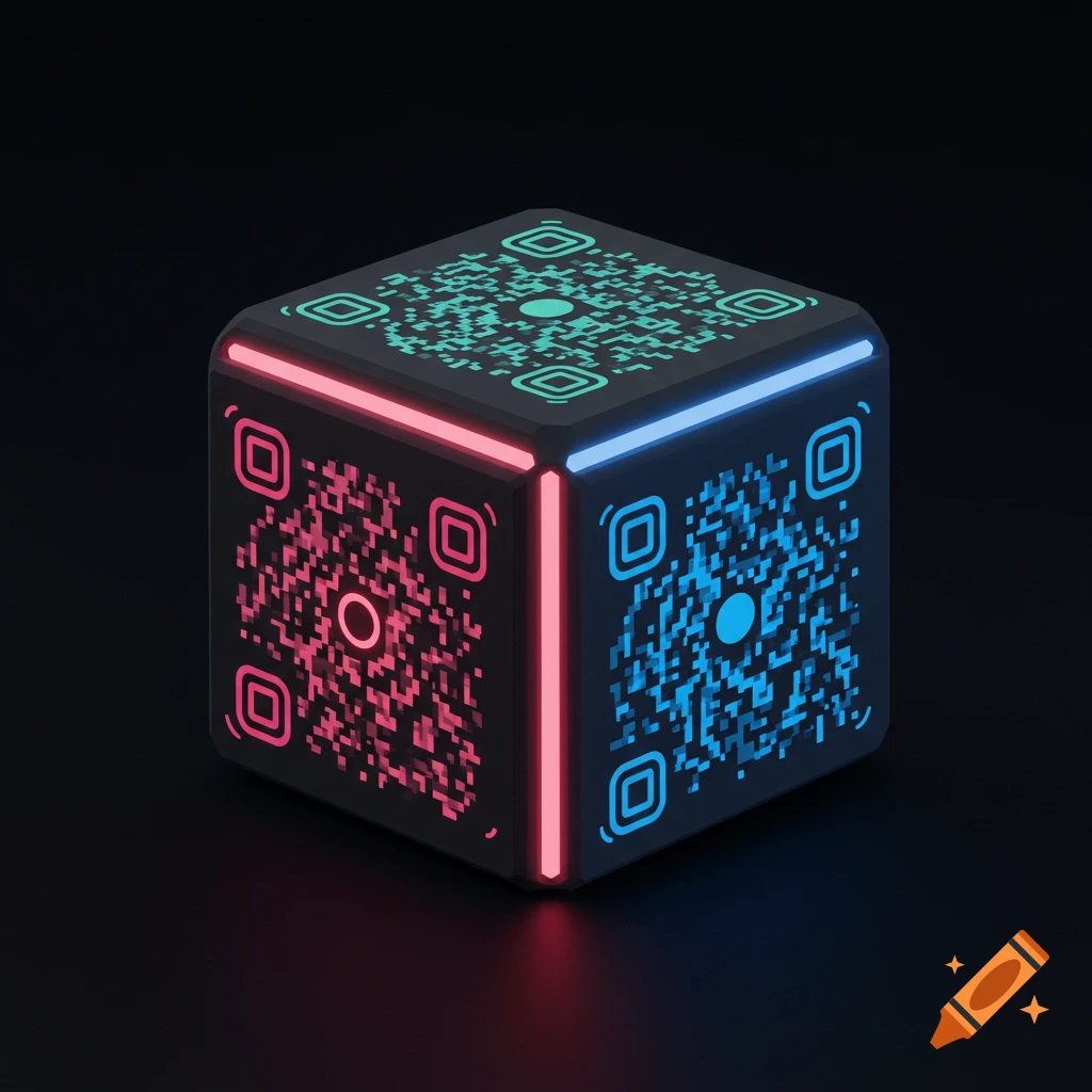 A dark cube with glowing neon edges and QR codes on its sides, in pink and blue.