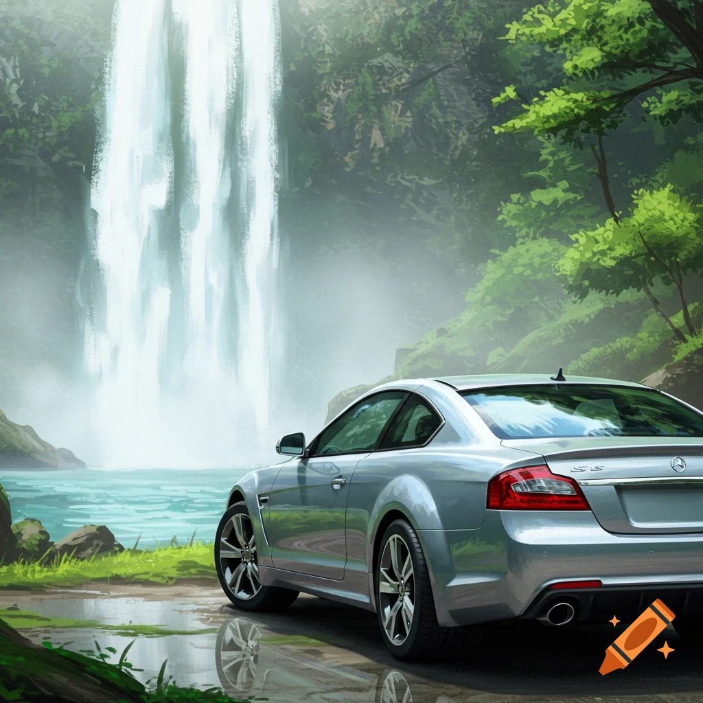 A silver coupe is parked on a dirt road near a large waterfall and a body of water, surrounded by lush trees.