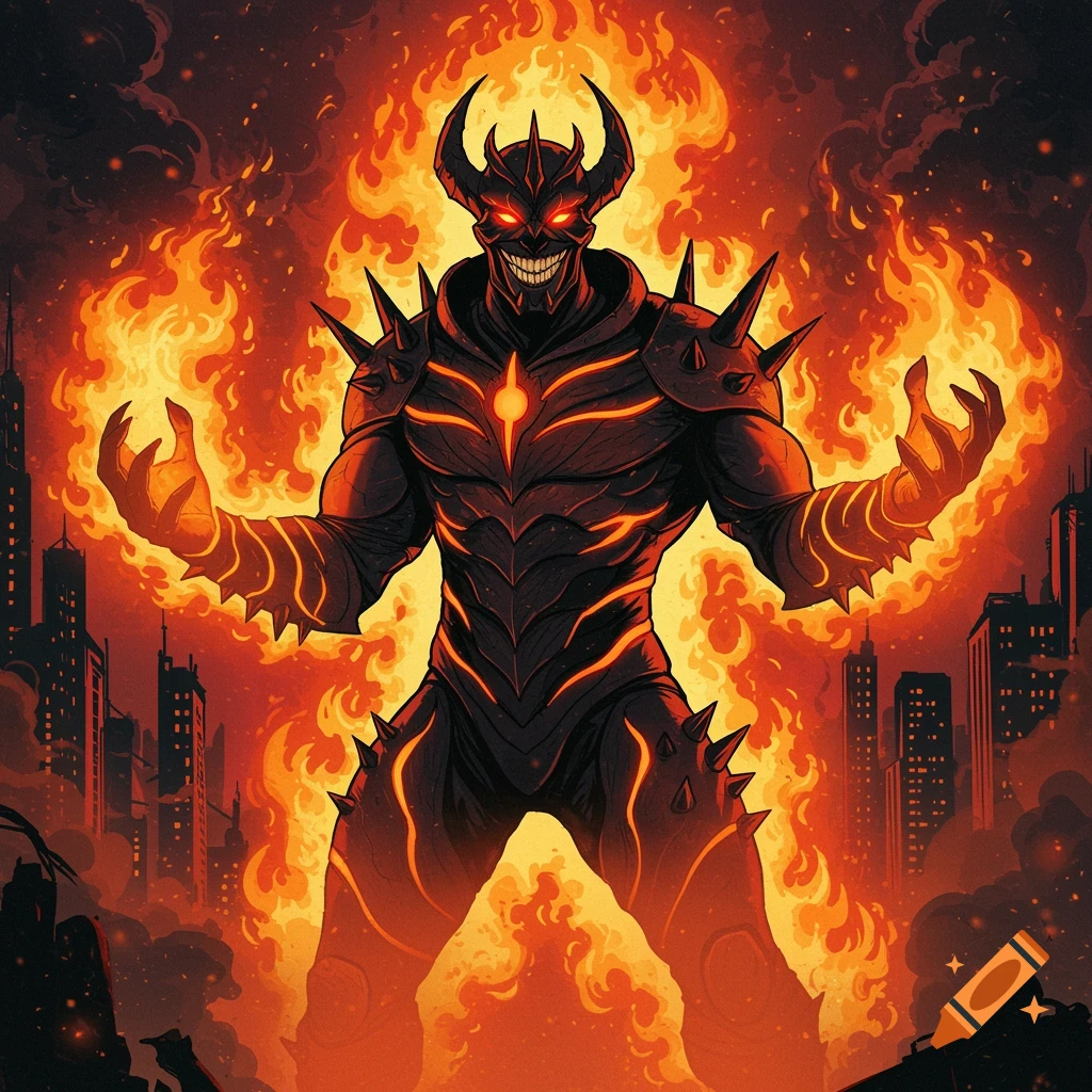A demonic villain with horns and glowing eyes stands wreathed in flames before a burning cityscape in a comic art style.
