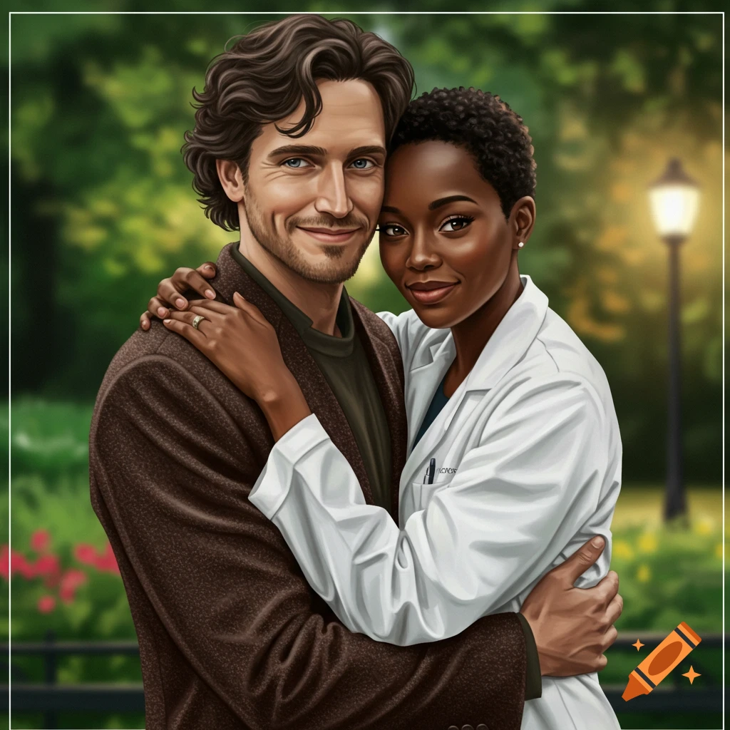 Illustration of a man and woman, a doctor in a lab coat, hugging in a park.