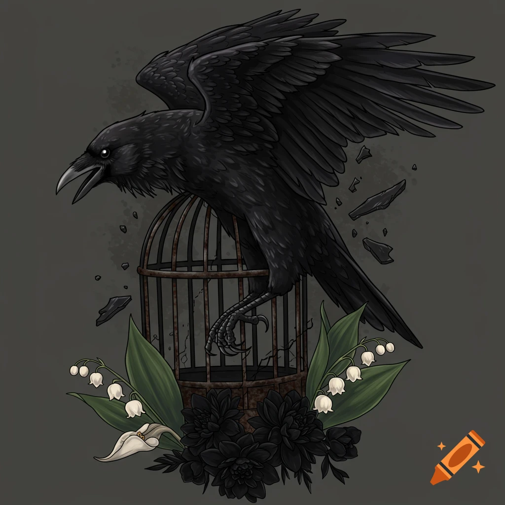 Stylized illustration of a black raven perched on a broken cage with lily of the valley and black flowers below.
