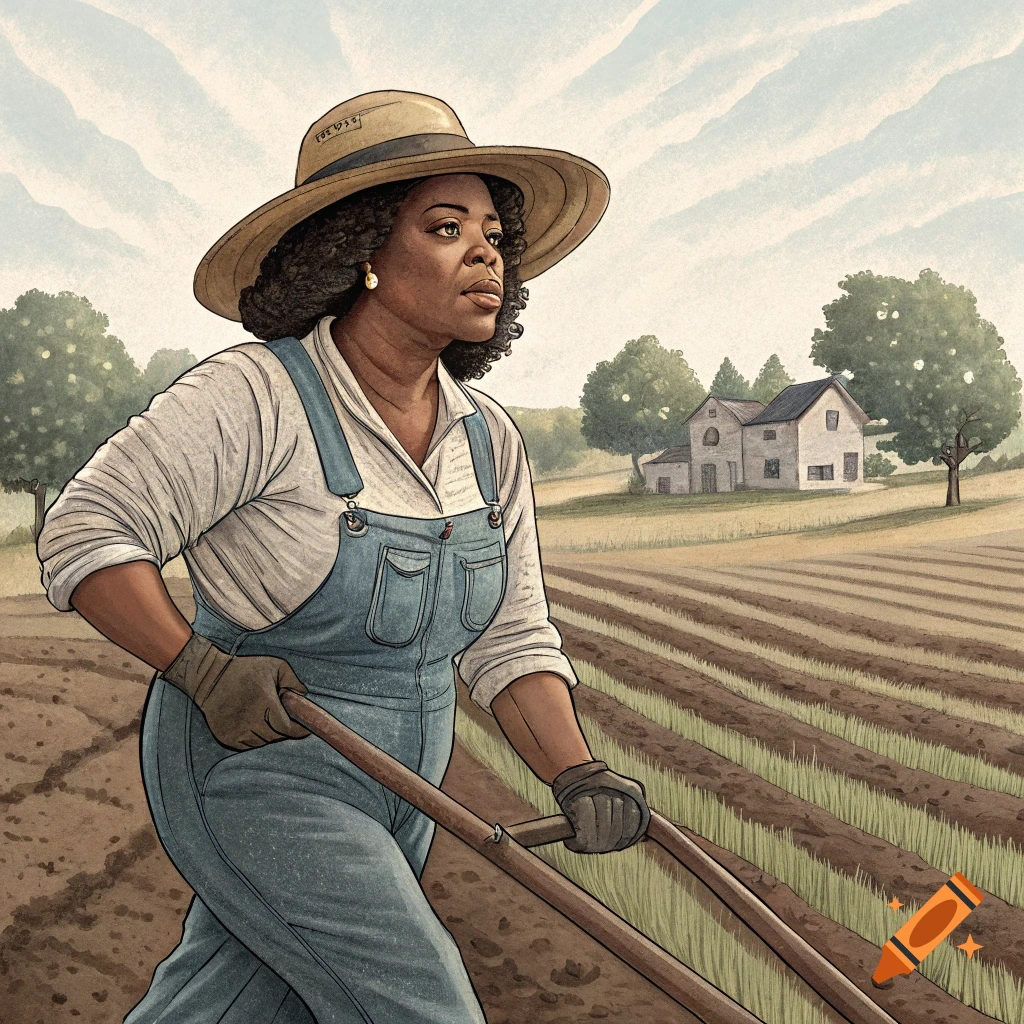 Illustration of a Black woman resembling Oprah pulling a plow through a field on a farm, house in background.