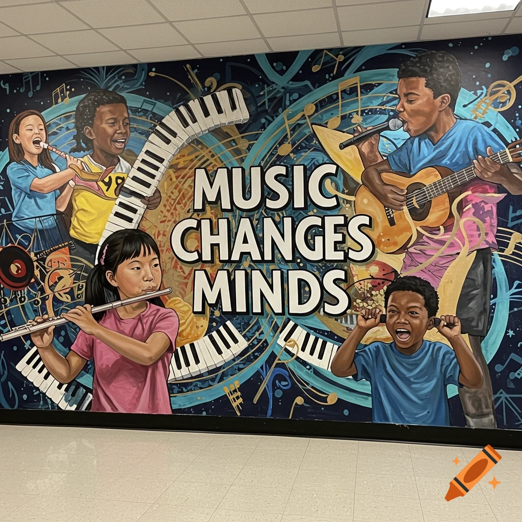 A vibrant mural depicts diverse children playing instruments and singing around the words 'MUSIC CHANGES MINDS'.