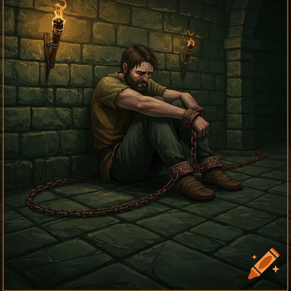 Illustration of a man chained and sitting on the floor in a dark stone dungeon.
