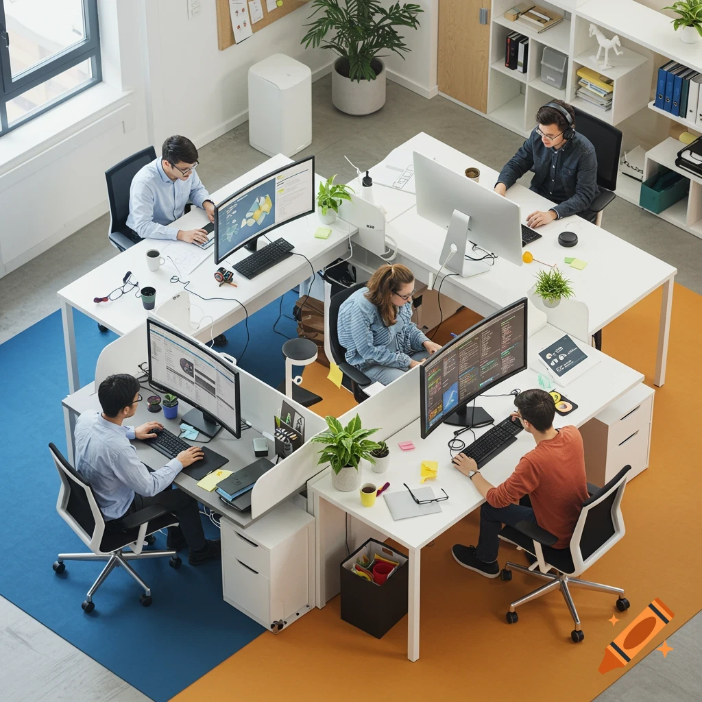 Overhead view of four people working at desks in a modern office.