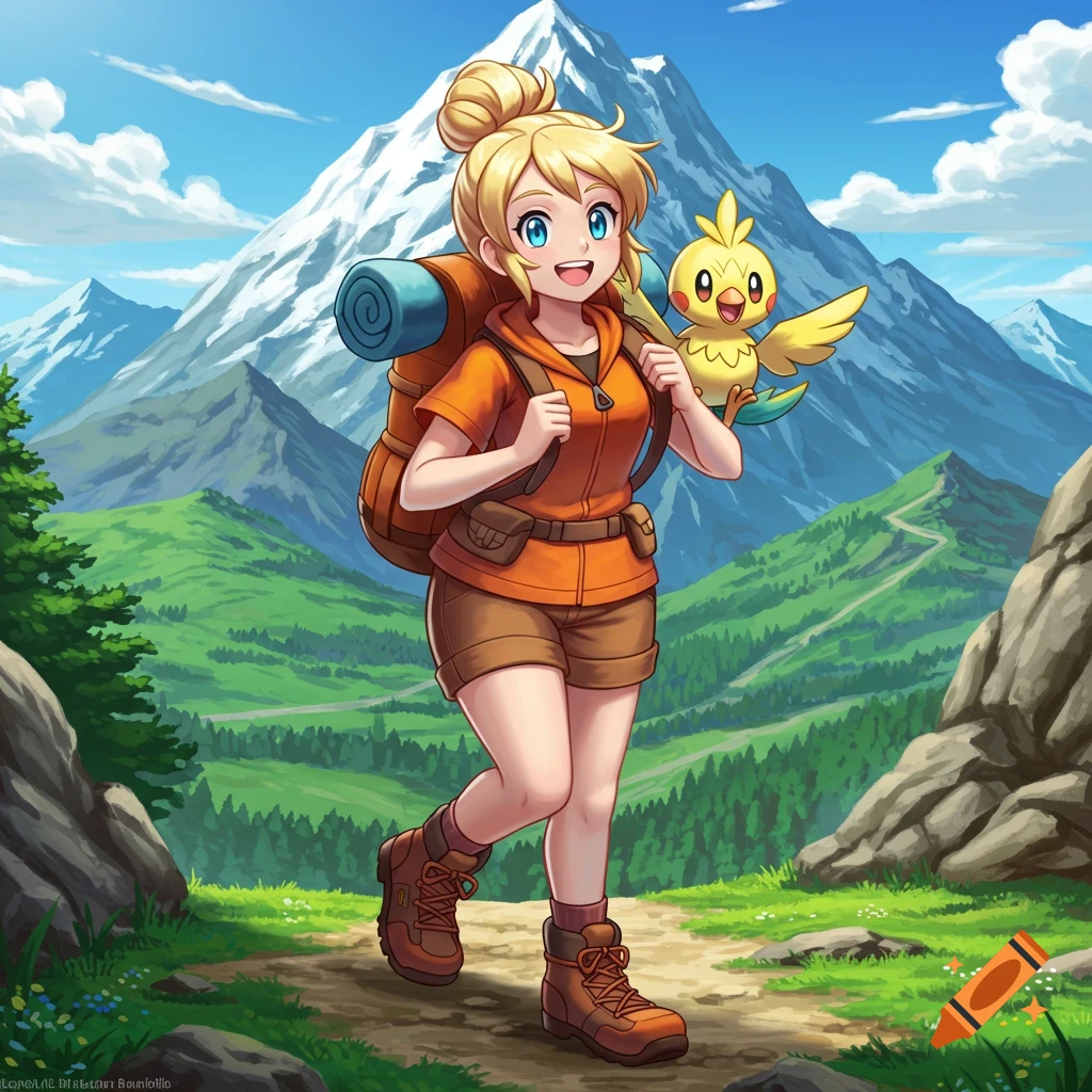 An anime-style illustration of a girl hiking in the mountains with a yellow bird on her shoulder.