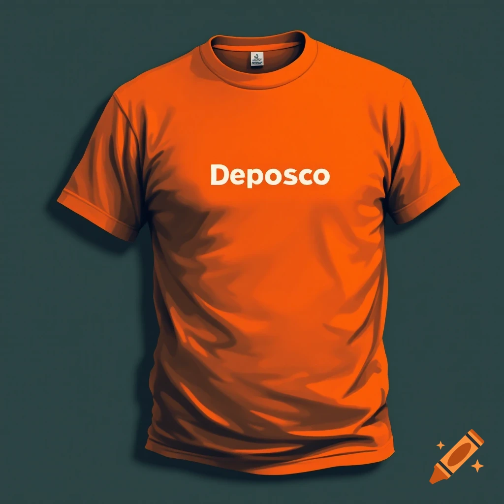 Orange t-shirt with 'Deposco' text on dark background