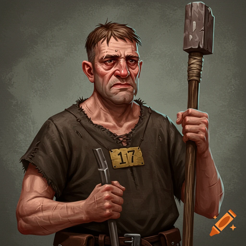Stylized portrait of a grim-faced man with scars, tattered shirt, badge, and a hammer weapon.