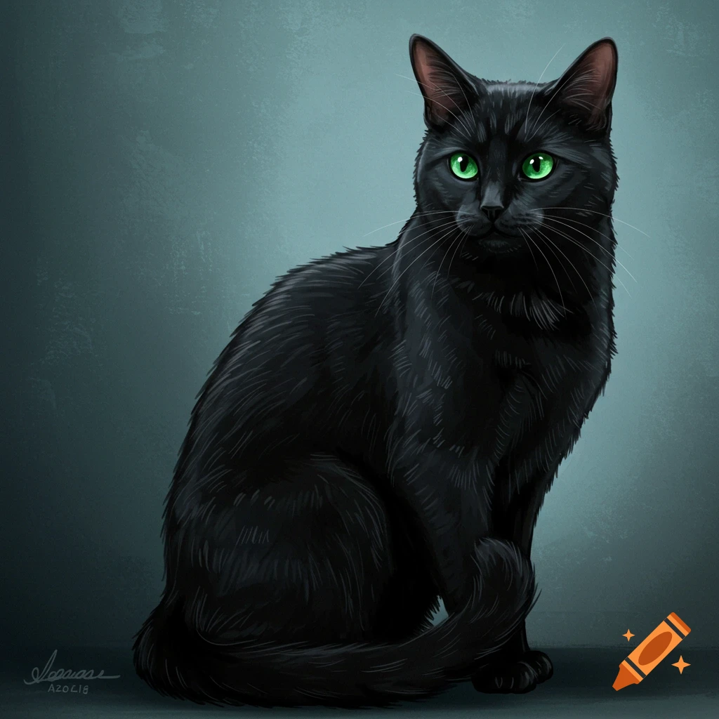 Illustration of a black cat with green eyes sitting.