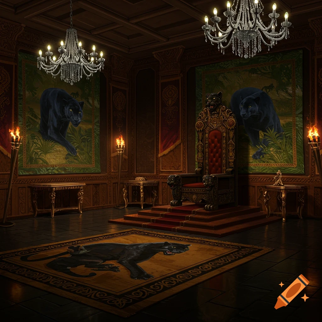 A fantasy throne room decorated with panthers on wall hangings, a rug, and the throne itself.