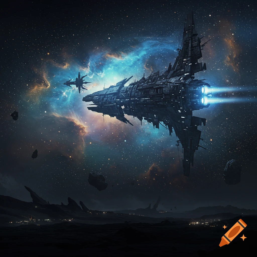 A large spaceship flies over a futuristic city on a planet, with a nebula and a smaller ship in the background.