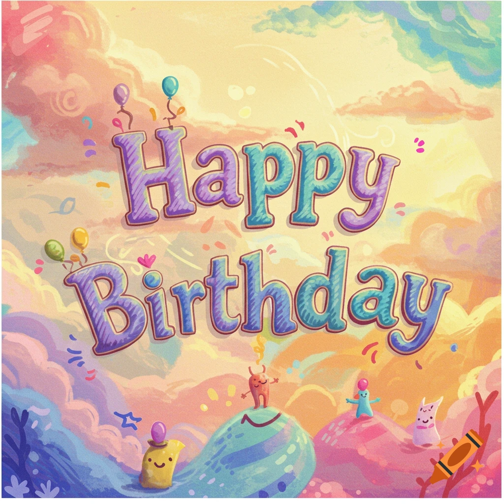 The words Happy Birthday in colorful, stylized text on a whimsical background with cartoon characters, balloons, and clouds.