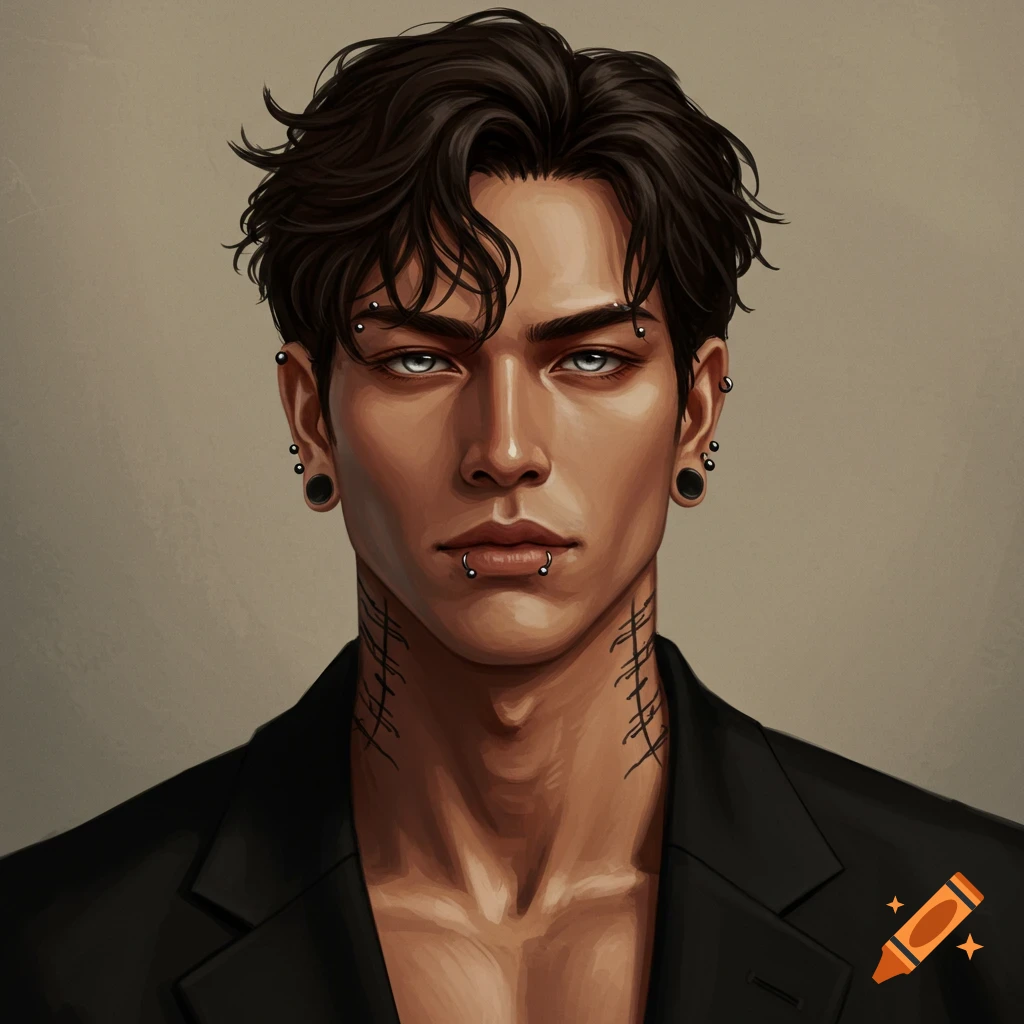 Stylized portrait of a person with dark wavy hair, light eyes, piercings, and neck tattoos, wearing a black jacket.
