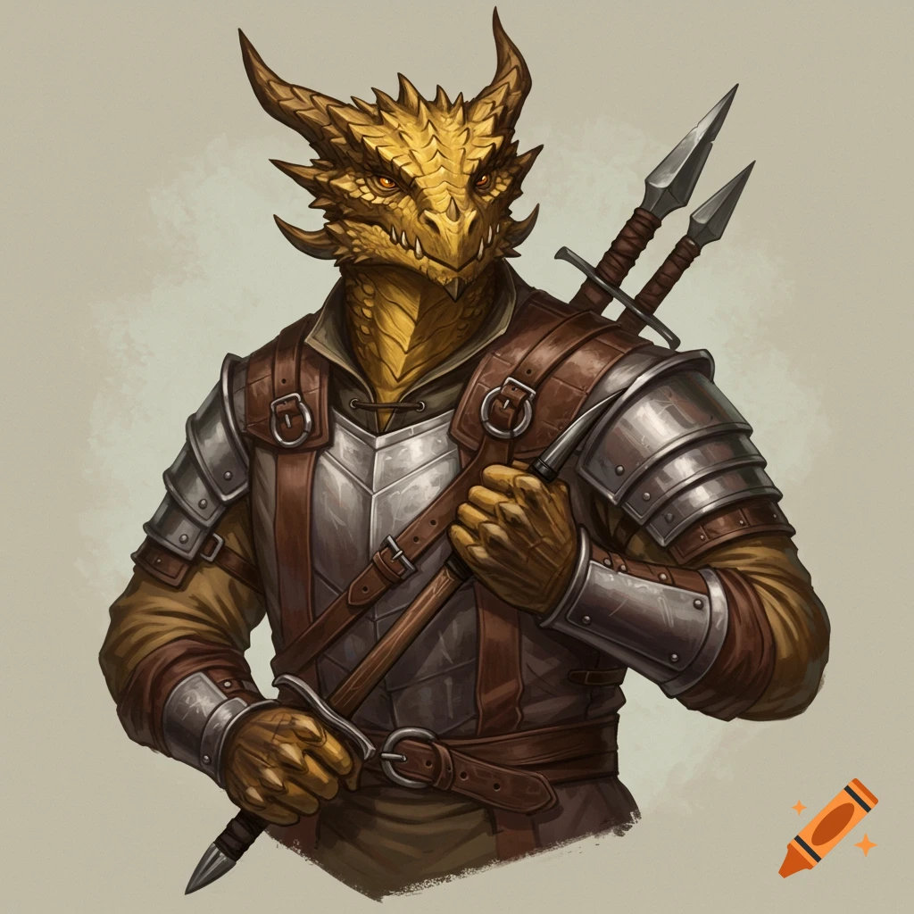 Portrait of a golden dragonborn mercenary in leather and plate armor, holding swords