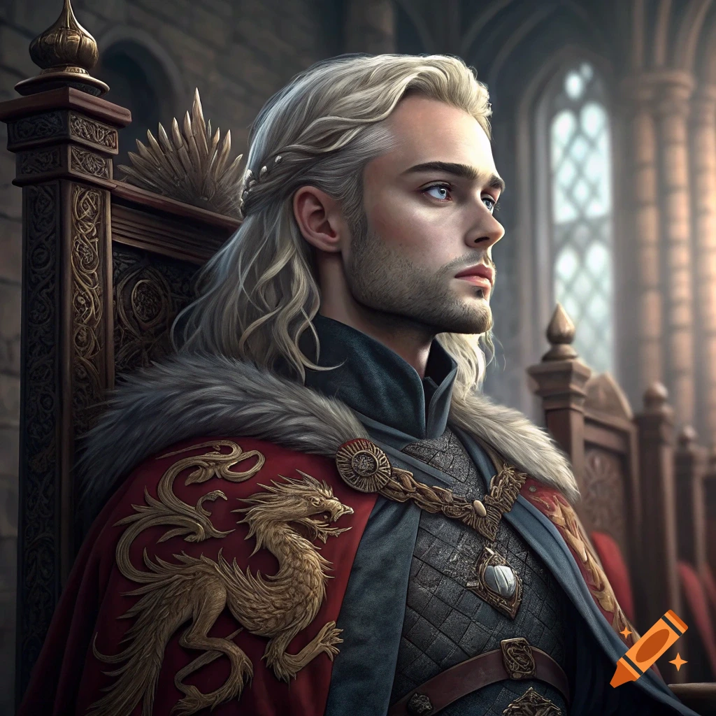 A man with long blonde hair in fantasy clothes sits on a throne.