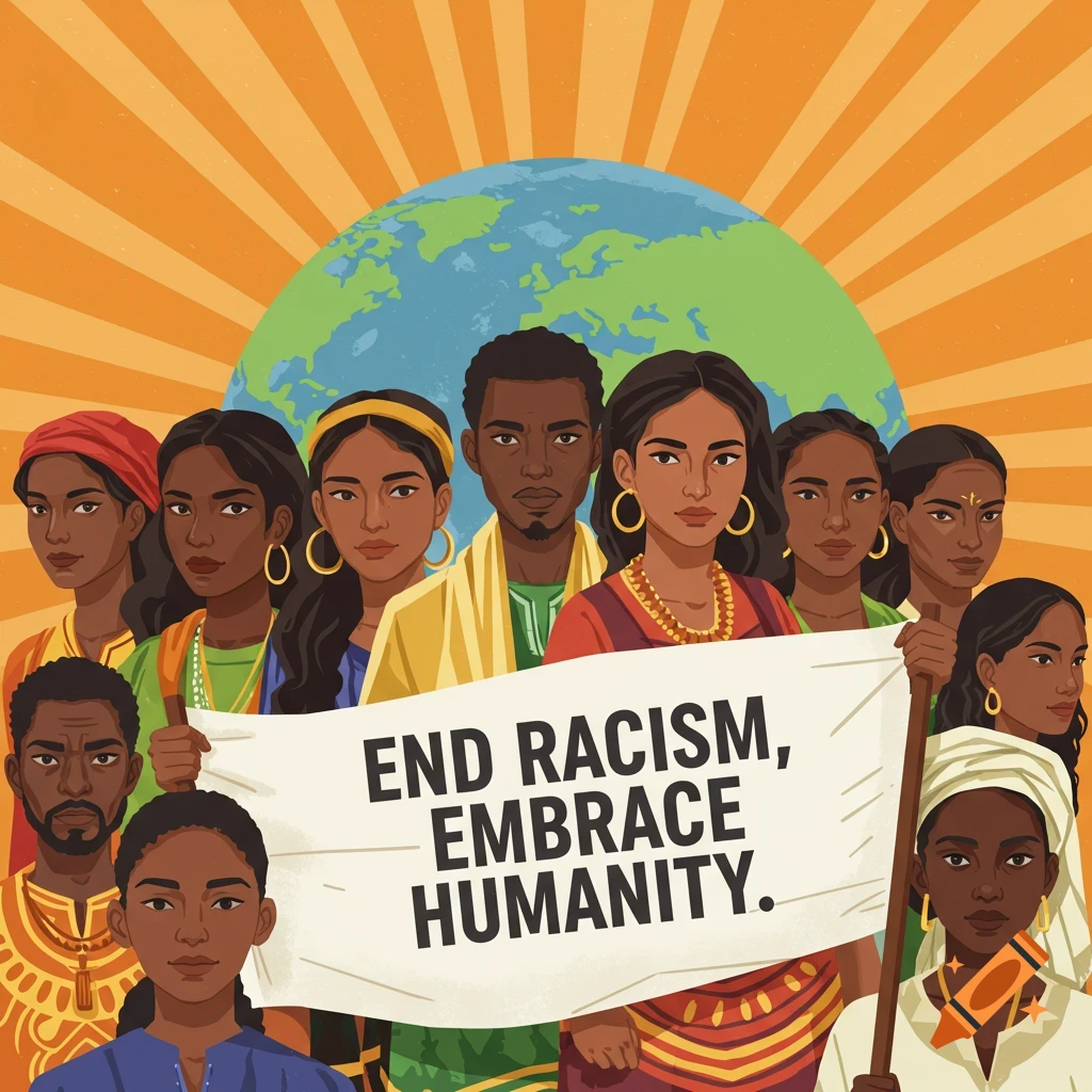 Illustration of a diverse group of people holding a banner that reads 'END RACISM, EMBRACE HUMANITY.' with the Earth and sunburst behind them.