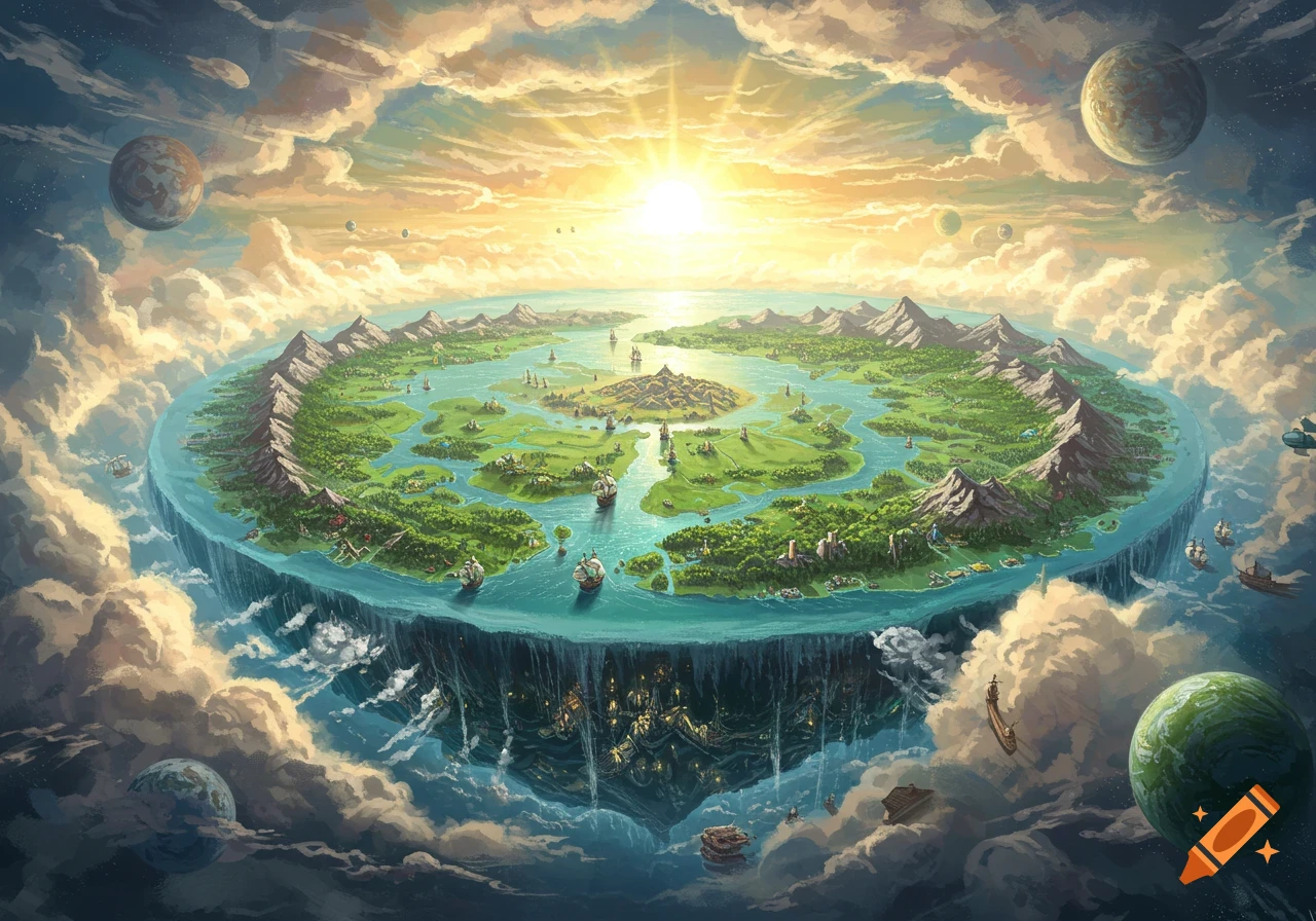 A vibrant fantasy landscape showing a flat disc world with mountains, oceans, cities, ships, clouds, planets, and a sun.