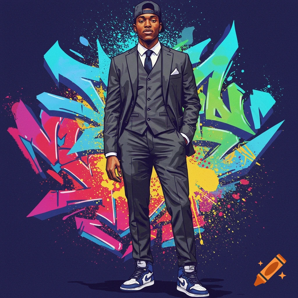 A man in a suit, cap, and sneakers stands in front of colorful graffiti.
