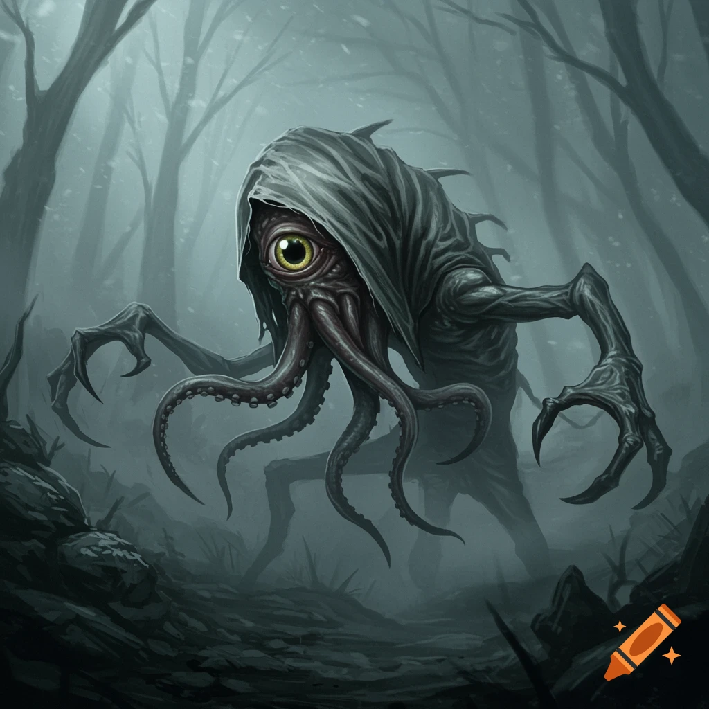 Illustration of a tentacled creature with one eye and a hood in a misty forest.