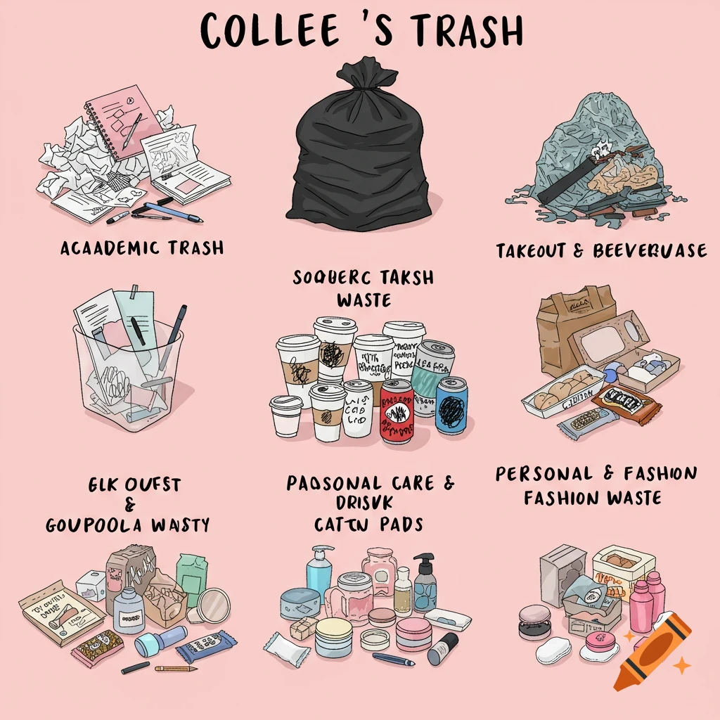 Digital illustration of a college woman's trash sorted into labeled piles