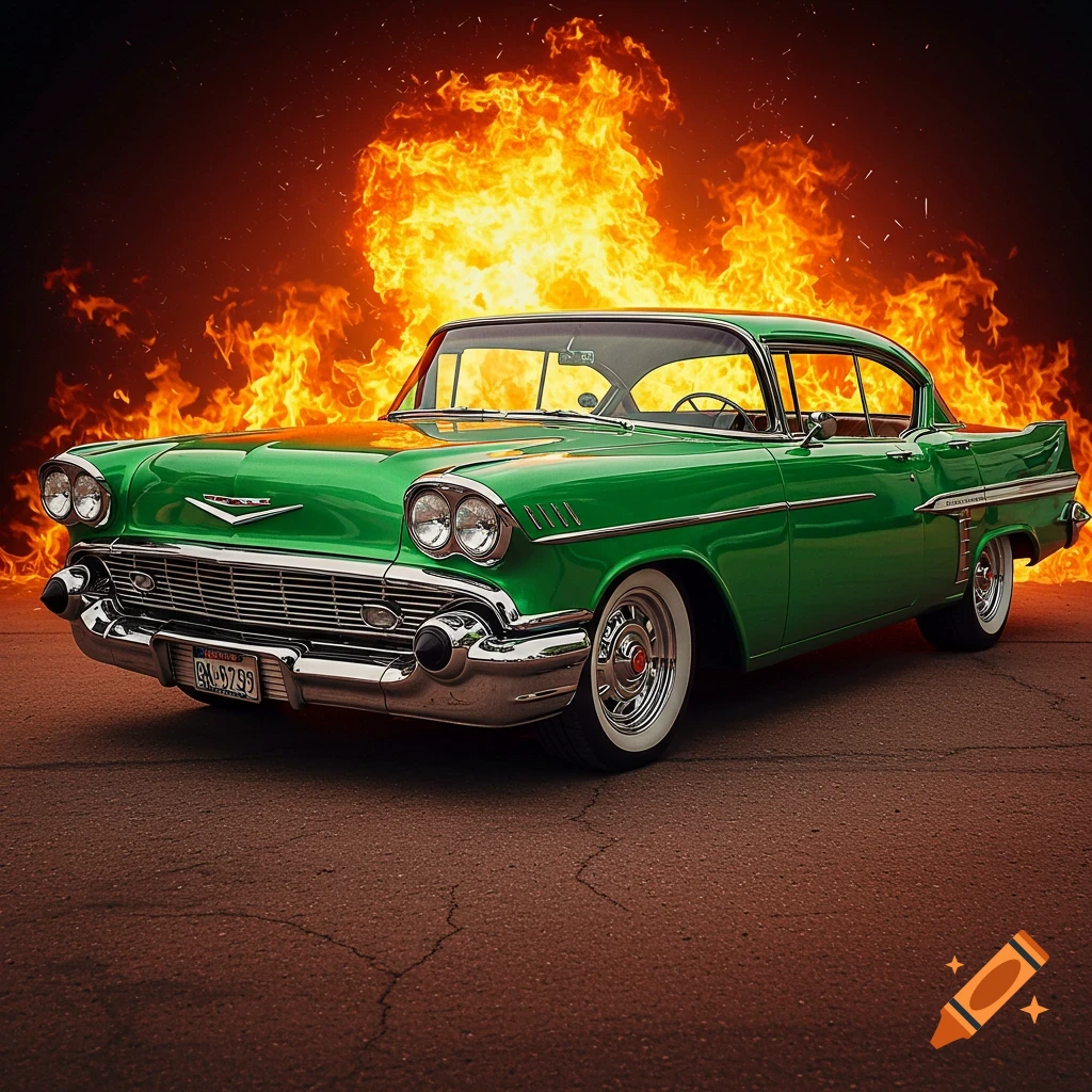 Green 1950s classic car in front of a large fire.