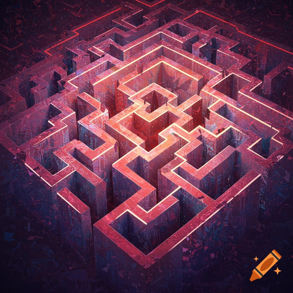 An abstract, geometric maze structure with glowing red edges against a dark background.