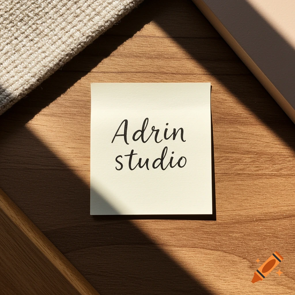 A handwritten note saying 'Adrin studio' on a wooden table with sunlight and shadow.