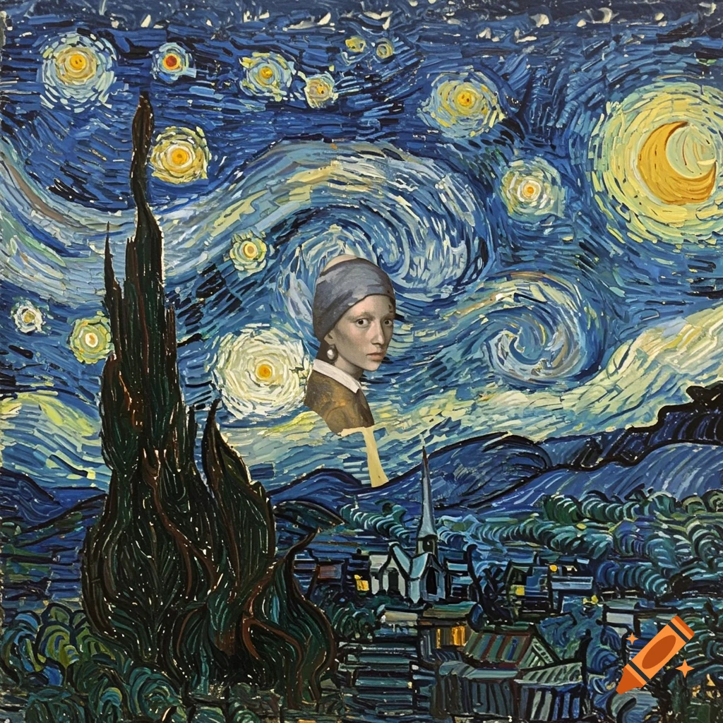 Girl with Pearl Earring figure superimposed on Van Gogh's Starry Night painting.