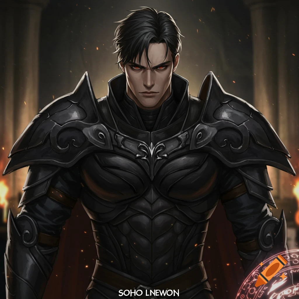 A man in black fantasy armor with red eyes stands in a dark room with firelight.